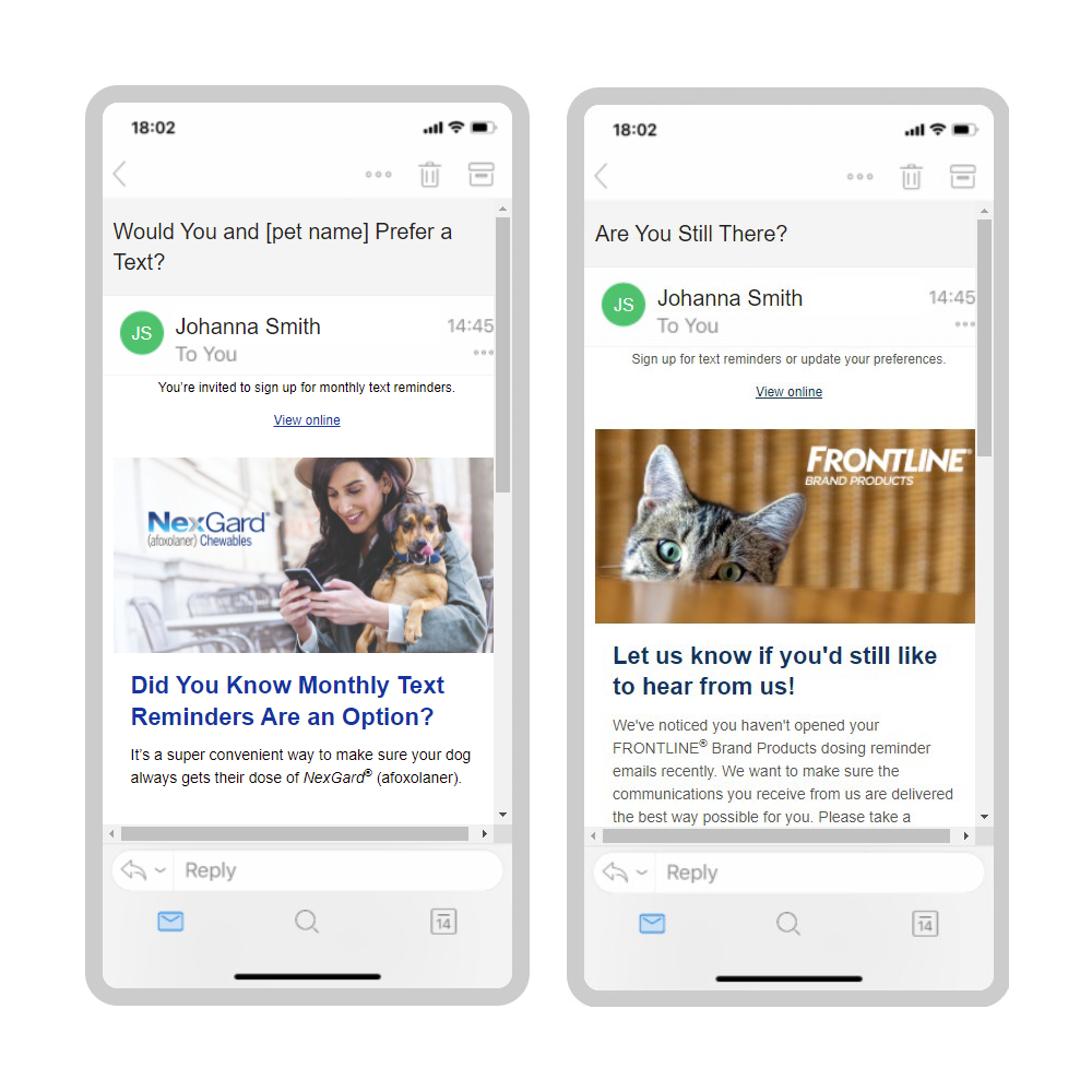 NexGard SMS opt-in email and Frontline dose-reminder winback email — mobile previews